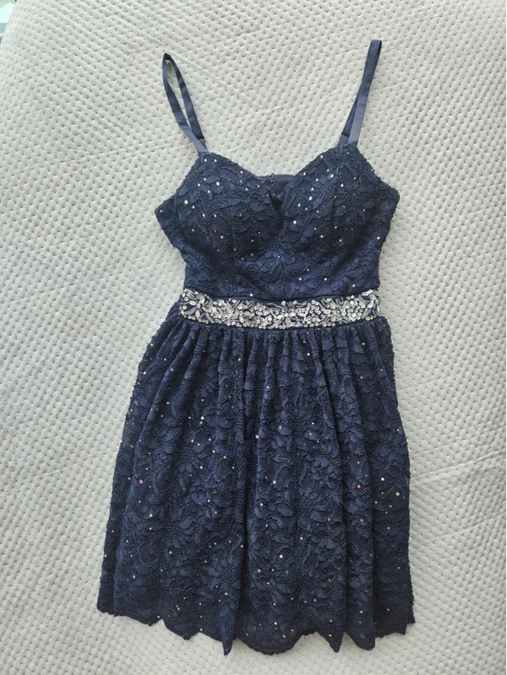 B. Smart Size 3 Navy Blue Lace Fit & Flare Party Dress Rhinestone Beaded Waist